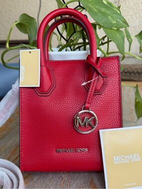 NWT Michael Kors Red XS Leather Crossbody Satchel with Silver MK Charm ($348)